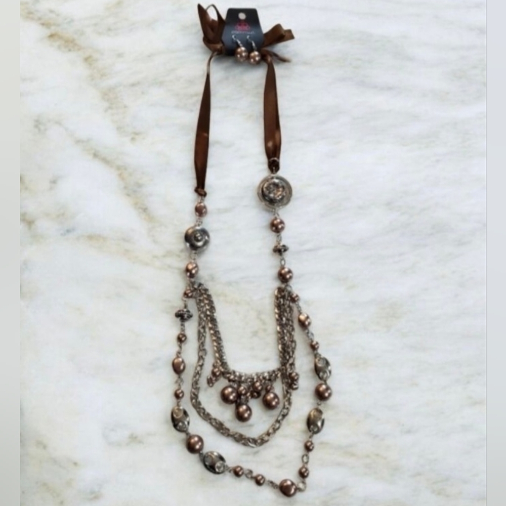 All the Trimmings Brown Ribbon Necklace & Earring Set